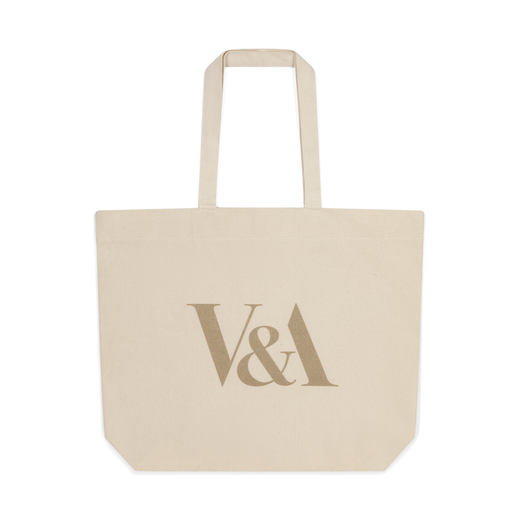 A cream tote bag with the V&A logo.